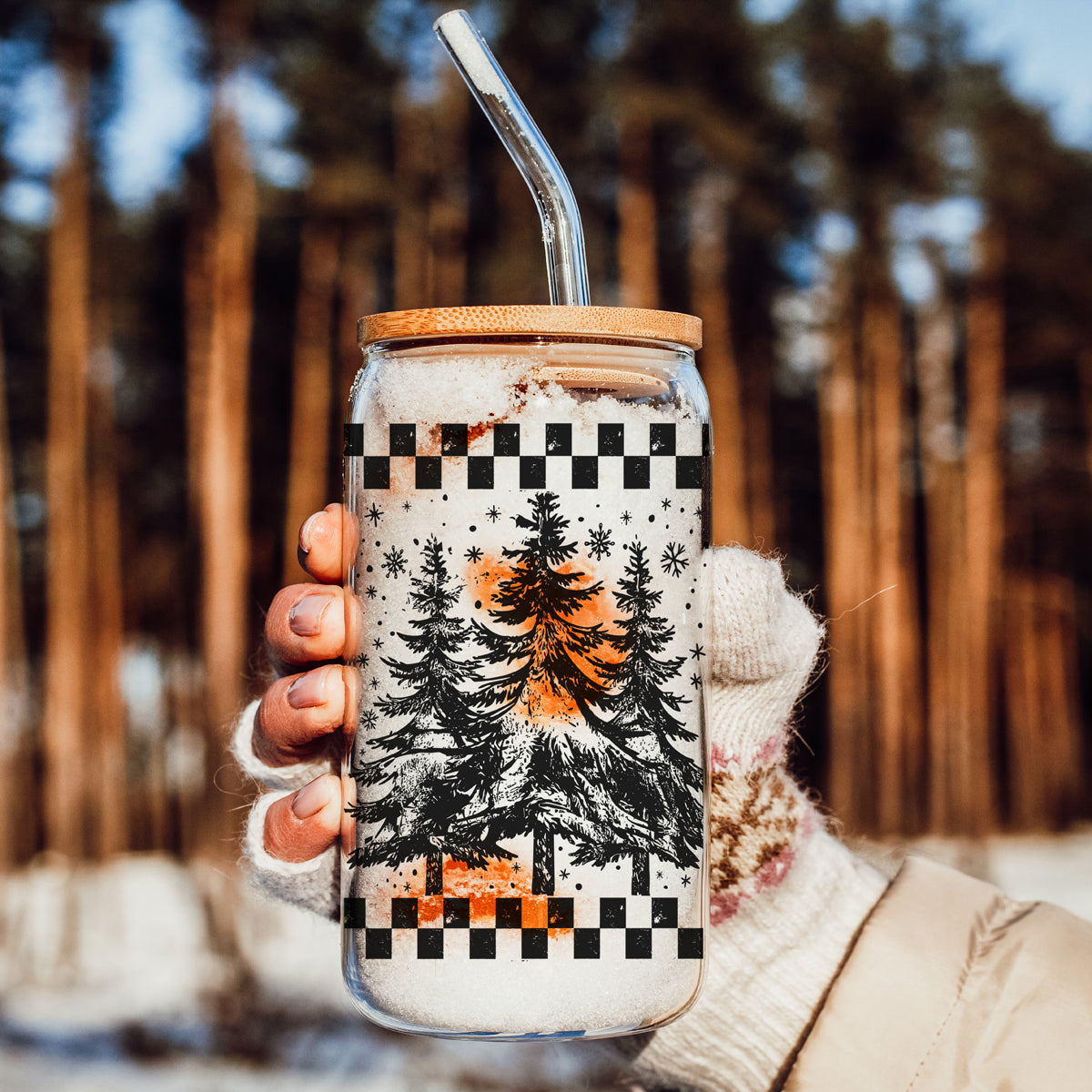 Retro holiday coffee tumbler - Christmas drinkware gift for her
Christmas glass tumbler with plaid border - rustic farmhouse holiday gift
Reusable retro holiday glass cup - eco Christmas tumbler with lid